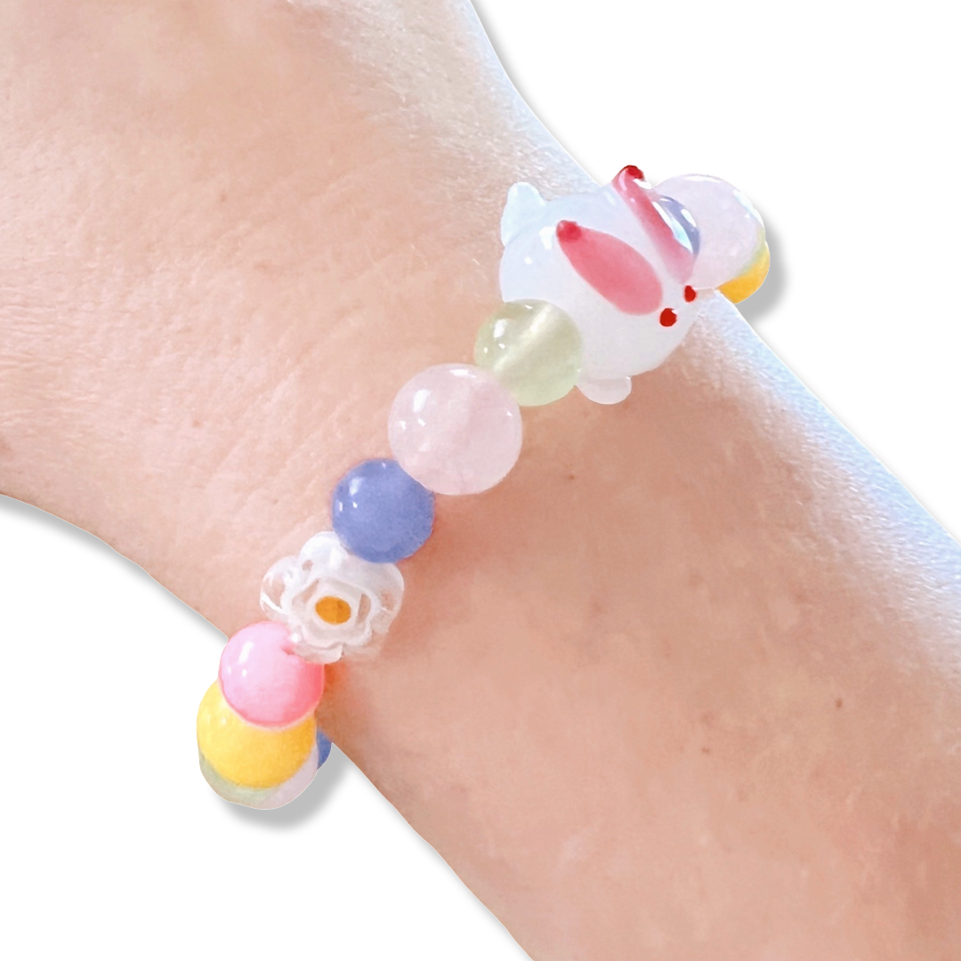 DeLuxe Pop Cutie Jade & Glass Women Handmade Bracelet -Bunny/Flowers