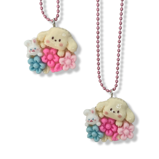 Pop Cutie Flower Puppy & Bunny Necklace - Handmade