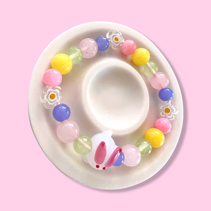 DeLuxe Pop Cutie Jade & Glass Women Handmade Bracelet -Bunny/Flowers