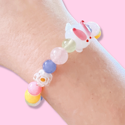 DeLuxe Pop Cutie Jade & Glass Women Handmade Bracelet -Bunny/Flowers