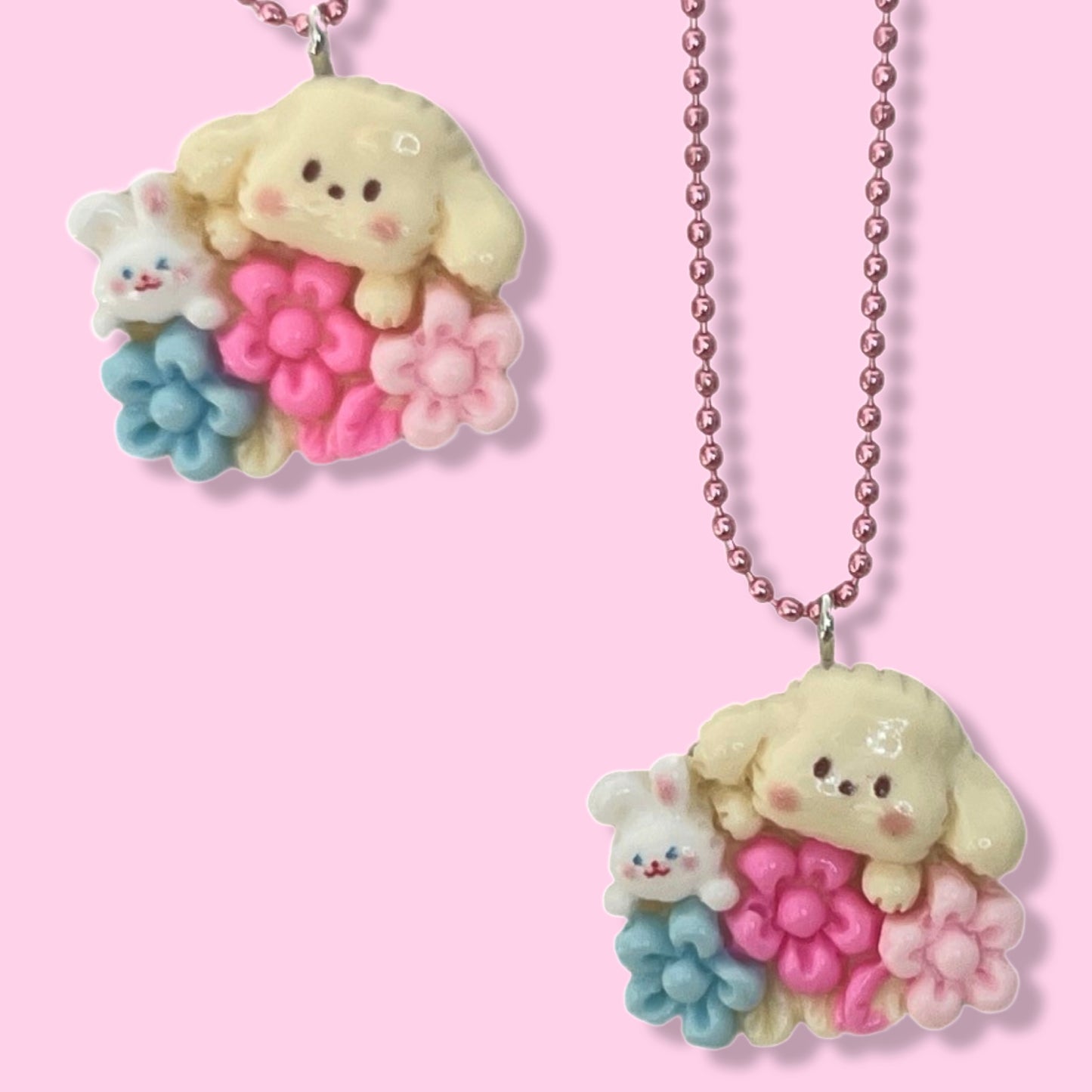 Pop Cutie Flower Puppy & Bunny Necklace - Handmade